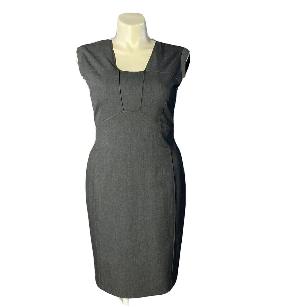 Antonio Melani Dress 12 Charcoal Grey Piping Trim Empire Waist Cap Sleeve Career